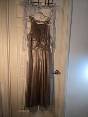 David's Bridal Metallic Taupe Maxi Dress with Beaded Straps
